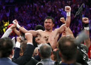 Manny Pacquiao celebrates his split decision victory over Keith Thurman in their WBA welterweight title fight at MGM Grand Garden Arena on July 20, 2019 in Las Vegas, Nevada. (Photo by Steve Marcus/Getty Images)