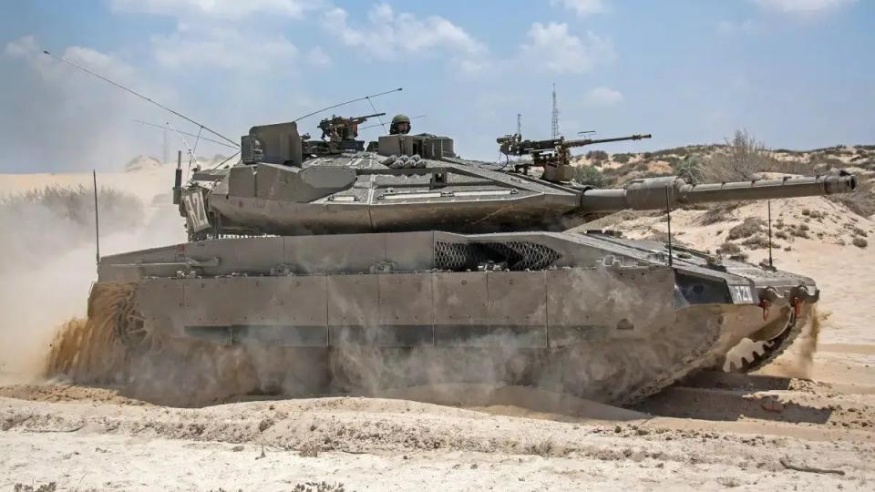 A stock photo of a Merkava Mk 4 with the Trophy active protection system and other improvements over earlier types from before the outbreak of the current conflict in Gaza. IDF. (IDF photo)