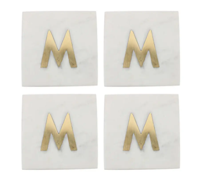 Set of 4 Monogram Marble Coasters with gold letter M