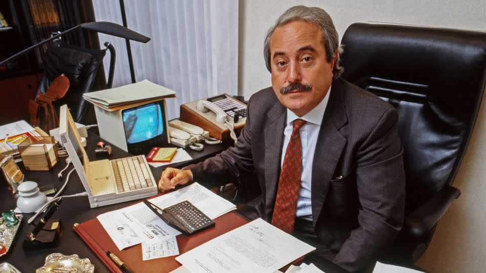 Giovanni Falcone, is seen in his office at the Italian Ministry of Justice in 1991. Matteo Messina Denaro was found guilty of the 1992 murder of Falcone and another prosecutor. - Edoardo Fornaciari/Hulton Archive/Getty Images