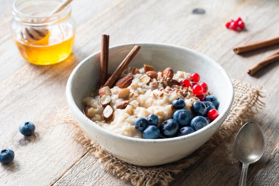 <p>High-fiber whole grains, especially oatmeal, have been linked to lowering the <a href="https://www.prevention.com/health/health-conditions/g26253924/weird-heart-disease-risk-factors/" rel="nofollow noopener" target="_blank" data-ylk="slk:risk of cardiovascular disease;elm:context_link;itc:0;sec:content-canvas" class="link ">risk of cardiovascular disease</a>. <a href="https://www.ncbi.nlm.nih.gov/pubmed/20685951" rel="nofollow noopener" target="_blank" data-ylk="slk:Studies;elm:context_link;itc:0;sec:content-canvas" class="link ">Studies </a>have shown that just three servings of whole grains a day can decrease your risk of heart disease by 15 percent. Oatmeal for breakfast is a great way to start your day with whole grains. Add whole-wheat bread at lunch and <a href="https://www.prevention.com/food-nutrition/a20494431/one-pot-quinoa-recipes/" rel="nofollow noopener" target="_blank" data-ylk="slk:quinoa;elm:context_link;itc:0;sec:content-canvas" class="link ">quinoa</a>, barley, or brown rice at dinner<strong><br></strong></p><p><strong>Try it: </strong>These <a href="https://www.prevention.com/food-nutrition/recipes/g25253175/overnight-oats-recipes/" rel="nofollow noopener" target="_blank" data-ylk="slk:overnight oats recipes;elm:context_link;itc:0;sec:content-canvas" class="link ">overnight oats recipes</a> will come in handy for super busy mornings.</p>