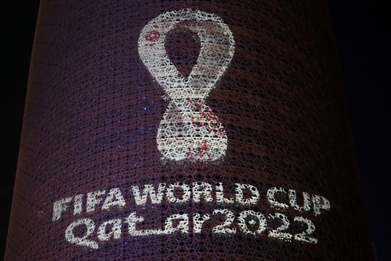 FILE PHOTO: The tournament's official logo for the 2022 Qatar World Cup is seen on the Doha Tower, in Doha