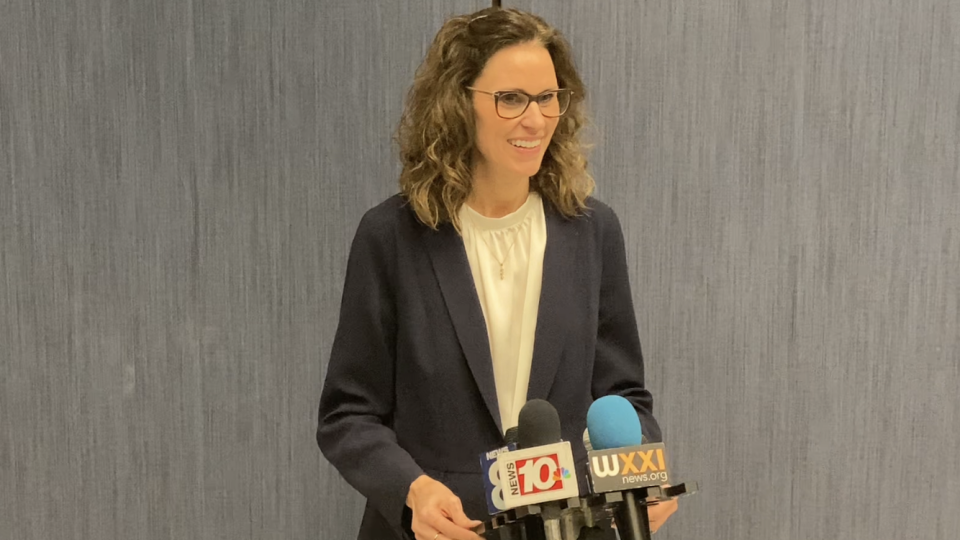 Doneen McDowell, General Motors' executive director of manufacturing, speaks with reporters at Rochester's GM facility on Lexington Avenue on January 20, 2023.