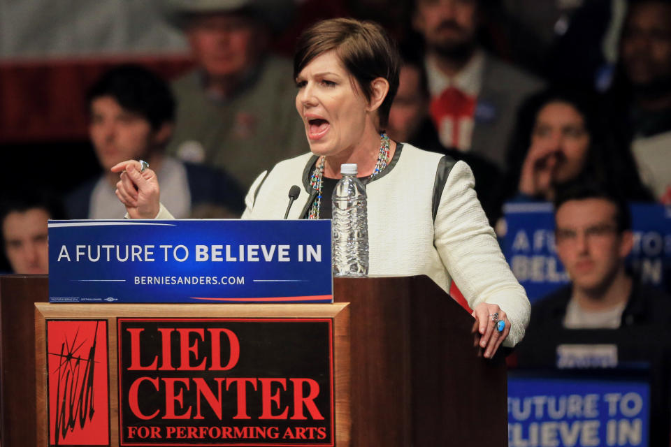 In this March 3, 2016, photo, Nebraska Democratic Party chairwoman Jane Kleeb addresses a crowd in Lincoln, Neb. Democrats in Nebraska are struggling for relevance in their Republican-dominated state, and a series of high-profile embarrassments is only making it harder. The party is losing registered voters to Republicans, Libertarians and independents, and its long-shot nominee for Senate recently admitted to sending sexually offensive text messages to a campaign staffer. (AP Photo/Nati Harnik)