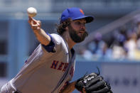 New York Mets starting pitcher Trevor Williams throws to the plate during the first inning of a baseball game against the Los Angeles Dodgers Sunday, June 5, 2022, in Los Angeles. (AP Photo/Mark J. Terrill)