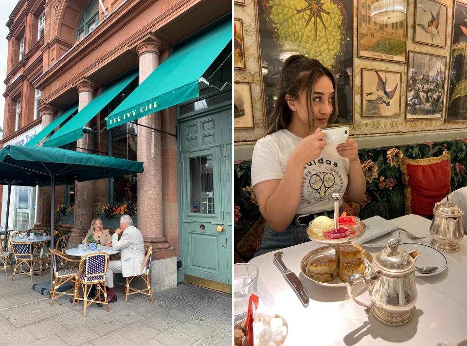 The Ivy Cafe Wimbledon exterior and the author having cream tea inside.