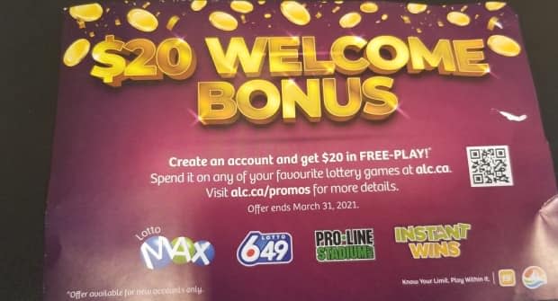 More than 400,000 of these flyers from the Atlantic Lottery Corporation promoting its online features and offering people $20 for starting a new account were sent to Nova Scotia homes. (CBC - image credit)