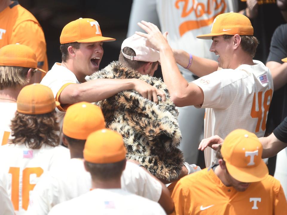 Tennessee first baseman Luc Lipcius (40) is presented with the fur coat after hitting a home run against Notre Dame in Knoxville, Tenn. on Sunday. But the celebrations were fewer this weekend after the NCAA asked baseball teams to stop with over-the-top antics.