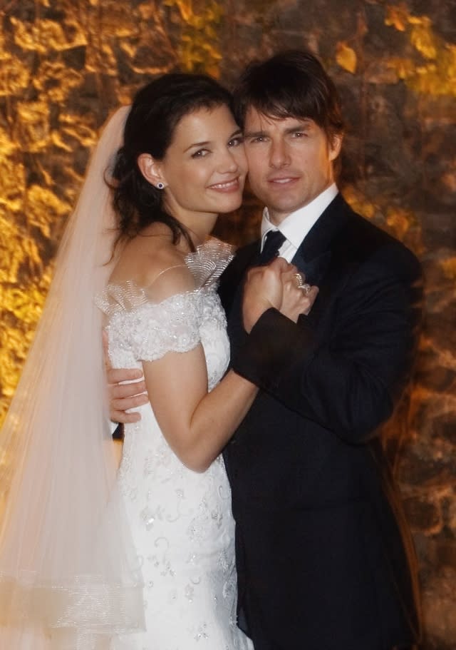 In this handout photo provided by Robert Evans, Tom Cruise and Katie Holmes pose together at Castello Odescalchi on their wedding day November 18, 2006 in Bracciano, near Rome, Italy. 