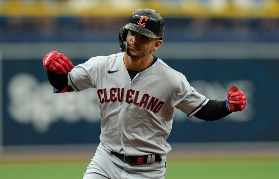 Cleveland Guardians' Andres Gimenez celebrates a solo home run Aug. 13 against the Tampa Bay Rays in St. Petersburg, Fla.