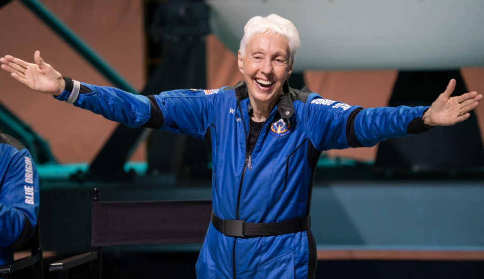 Wally Funk, 82, celebrates after her successful flight on New Shepard on Tuesday, July 20, 2021. She is officially the oldest woman to have traveled to space.