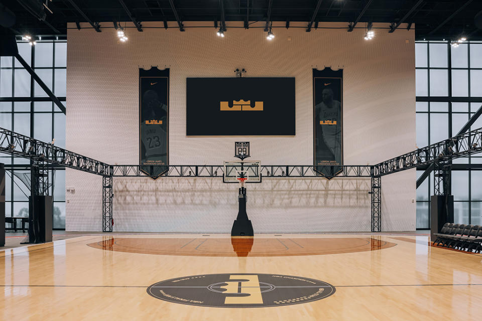 The basketball court surrounded by motion-capture cameras inside the LeBron James Innovation Center. - Credit: Courtesy of Nike