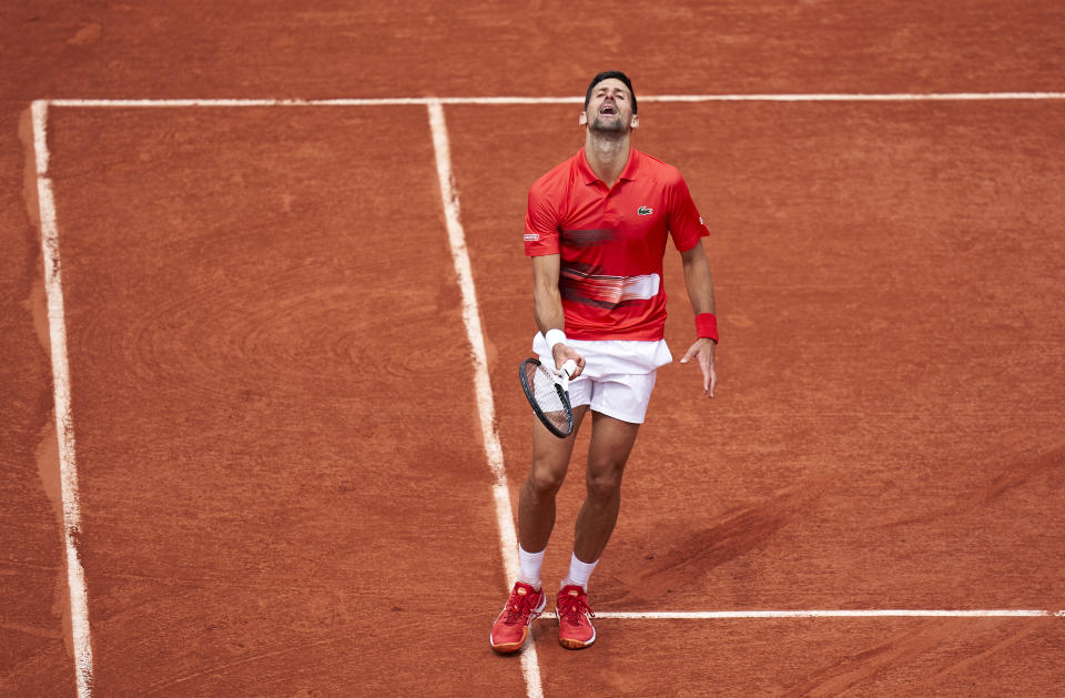 Novak Djokovic (pictured) reacts against Diego Schwartzman in their fourth round match during the French Open.