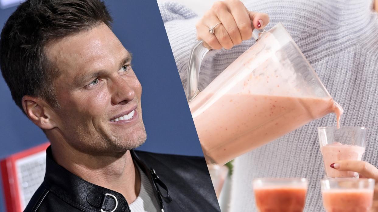  Photo fo Tom Brady next to a woman pouring a smoothie . 