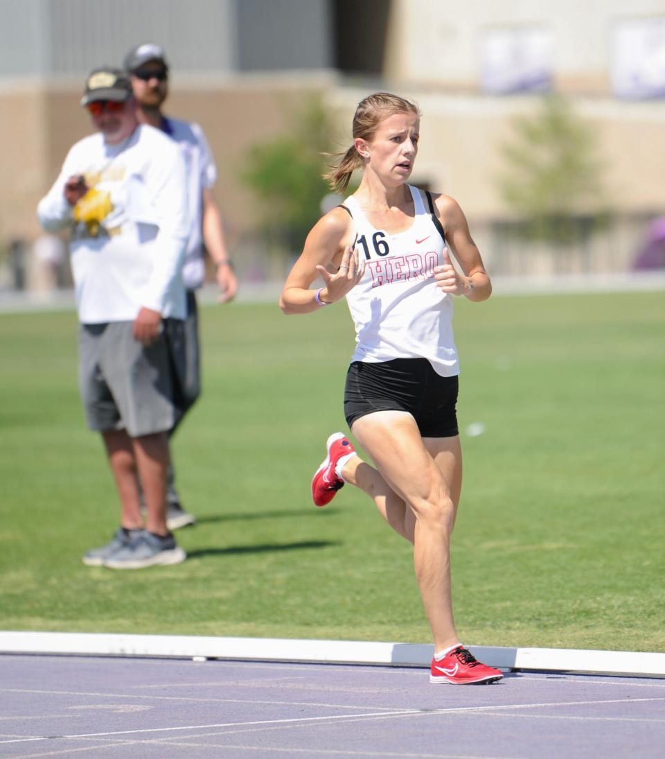 Holliday's Hannah Spears prepares to cross the finish line at the Region I-3A track and field meet at Abilene Christian University on Saturday, April 30, 2022.