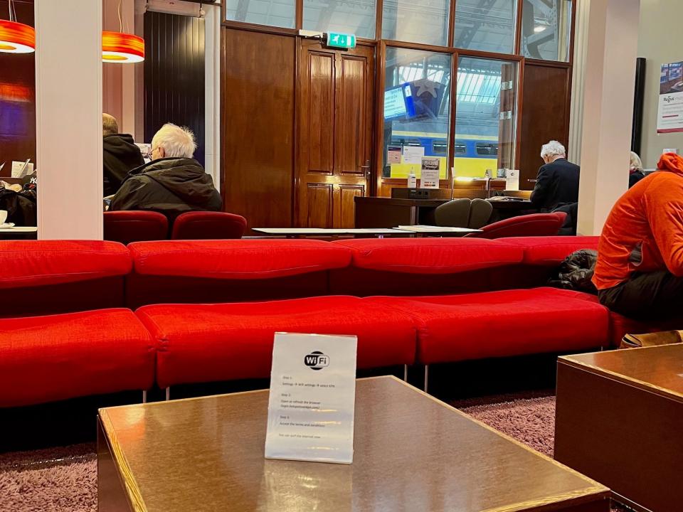 Inside the NS International Lounge at Amsterdam Central Station.