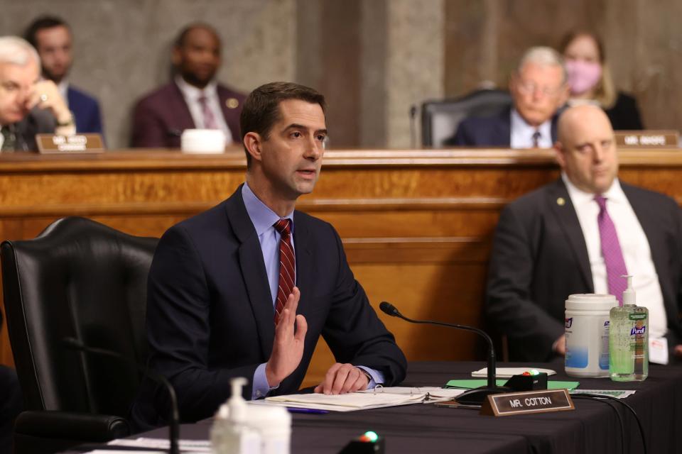 U.S. Senator Tom Cotton (R-AR) questions Secretary of Defense Lloyd Austin during a Senate Armed Services Committee hearing on the Pentagon's budget request, on Capitol Hill in Washington (REUTERS)