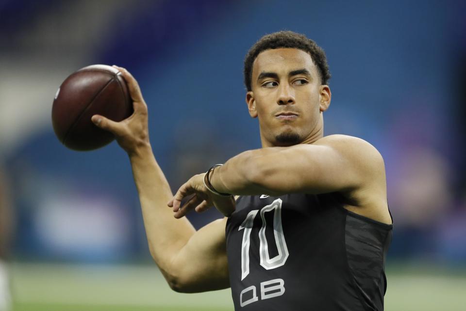 Utah State QB Jordan Love runs a drill at the NFL football scouting combine in Indianapolis, Thursday, Feb. 27, 2020. The Packers selected him in the first round of the 2020 NFL draft, then wisely gave him time to learn the game at the next level. | Charlie Neibergall, Associated Press