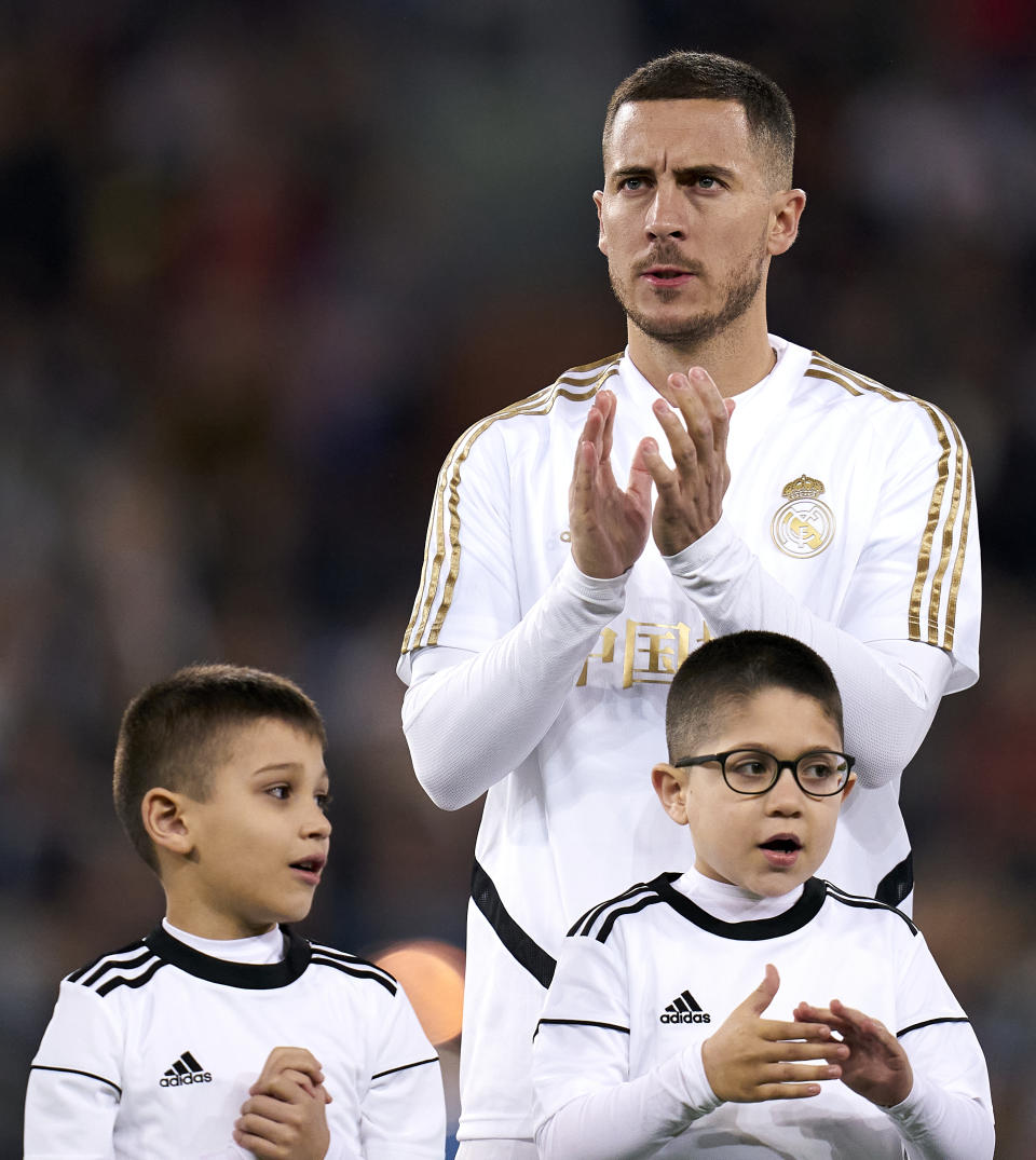 MADRID, SPAIN - FEBRUARY 16: Eden Hazard of Real Madrid CF blooks on prior the game during the Liga match between Real Madrid CF and RC Celta de Vigo at Estadio Santiago Bernabeu on February 16, 2020 in Madrid, Spain. (Photo by Diego Souto/Quality Sport Images/Getty Images)