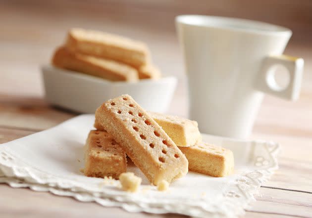 Scottish Shortbread Fingers arranged on an English napkin.