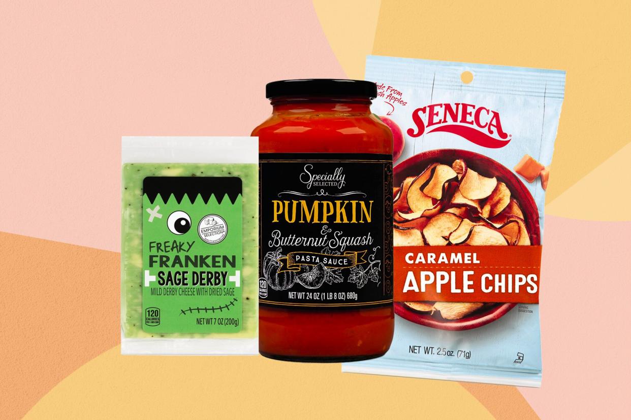 Healthy Food Finds Coming to Aldi in October 2022 including the Freaky Franken Sage Derby Cheese, Pumpkin and Butternut Squash Pasta Sauce, and Caramel Apple Chips