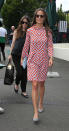 <p>The Duchess of Cambridge’s younger sister put in a second appearance at Wimbledon, this time in a far more eye-catching ensemble. A far cry from the sedate poppy covered Susannah dress the 32-year-old opted for last week, Pippa stepped out in a sixties inspired red and grey geometric print dress by Tabitha Webb for her second stop-off in the royal box. <i>[Photo: PA Images]</i></p>