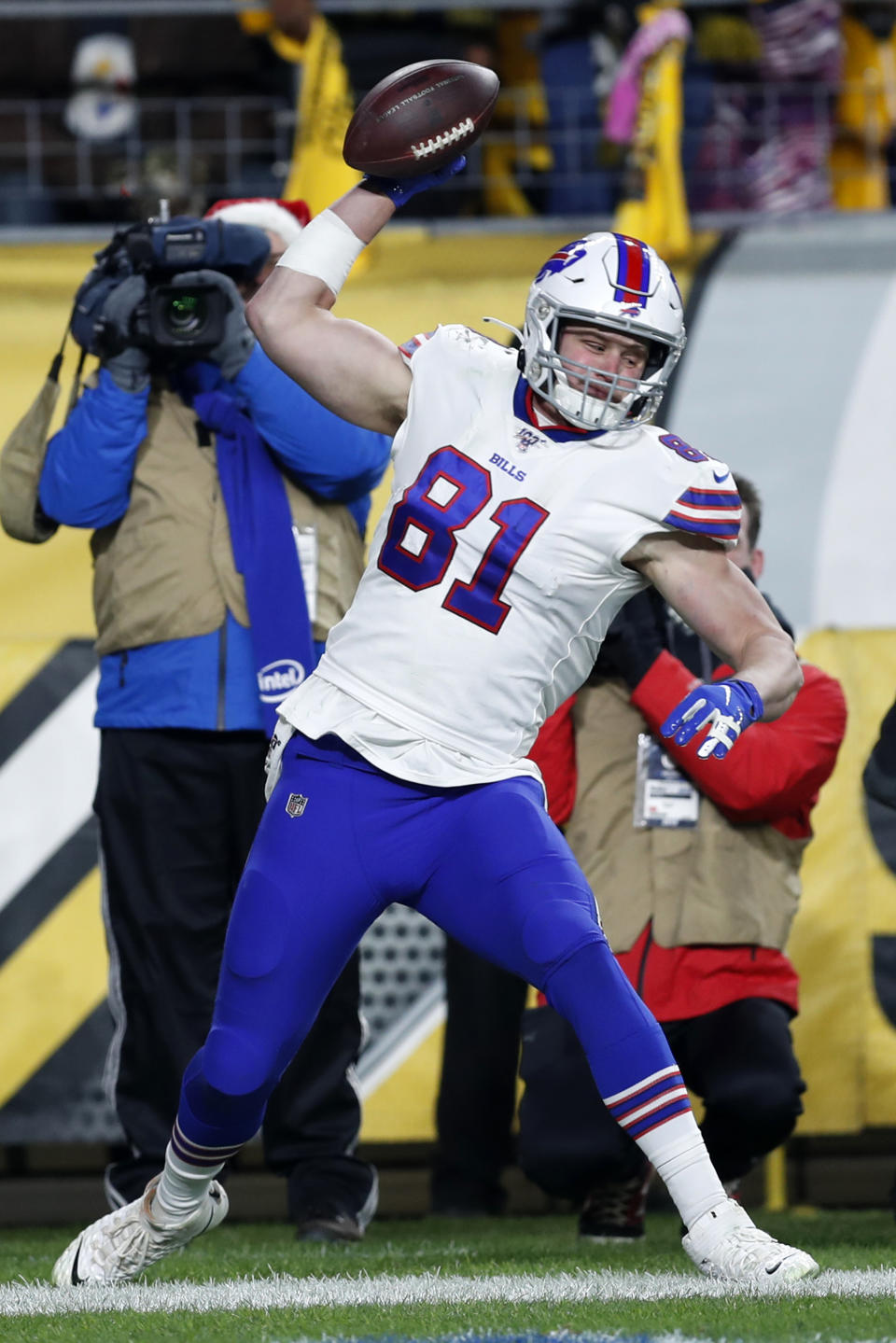 Buffalo Bills tight end Tyler Kroft (81) celebrates his touchdown on a pass from quarterback Josh Allen during the second half of an NFL football game against the Pittsburgh Steelers in Pittsburgh, Sunday, Dec. 15, 2019. (AP Photo/Keith Srakocic)