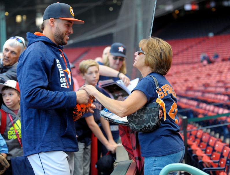 George Springer’s first grade teacher delivers homemade cookies before Friday’s game at Fenway Park. (Astros on Twitter)