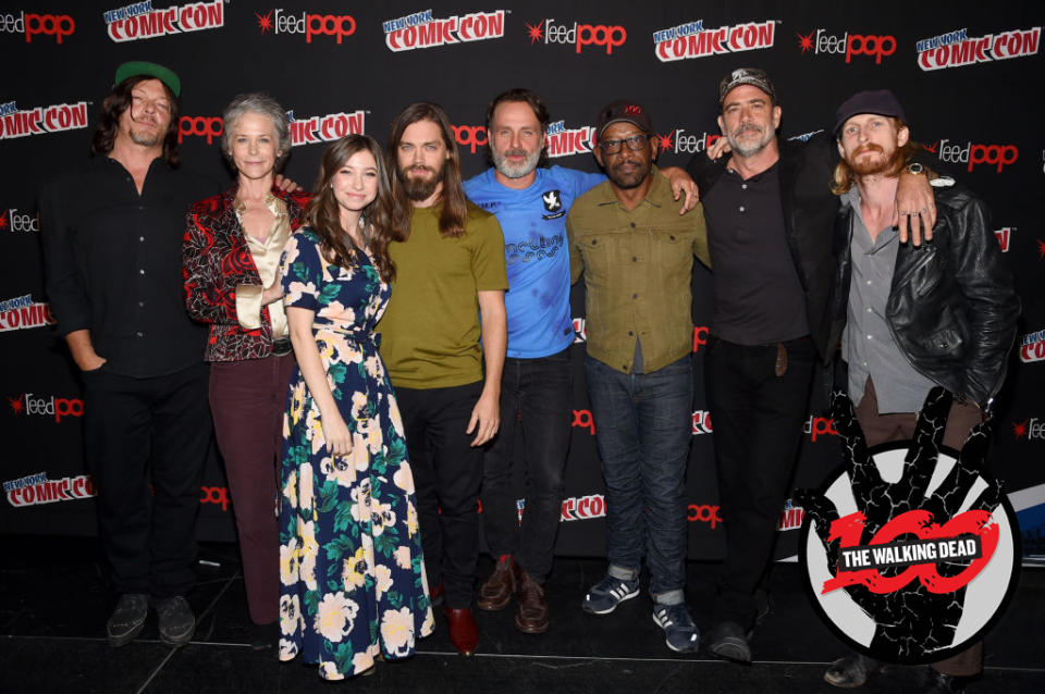 Norman Reedus, Melissa McBride, Katelyn Nacon, Tom Payne, Andrew Lincoln, Lennie James, Jeffrey Dean Morgan, and Austin Amelio at the NYCC <i>The Walking Dead</i> panel at The Theater at Madison Square Garden on October 7, 2017 in New York City (Photo by Jamie McCarthy/Getty Images for AMC)