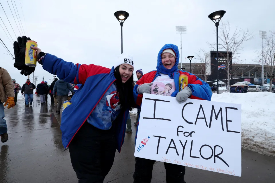 Buffalo Bills fans pose outside of the stadium prior to the AFC Divisional Playoff game against the Kansas City Chiefs at Highmark Stadium on Jan. 21, 2024 in Orchard Park, New York. / Credit: Al Bello/Getty Images