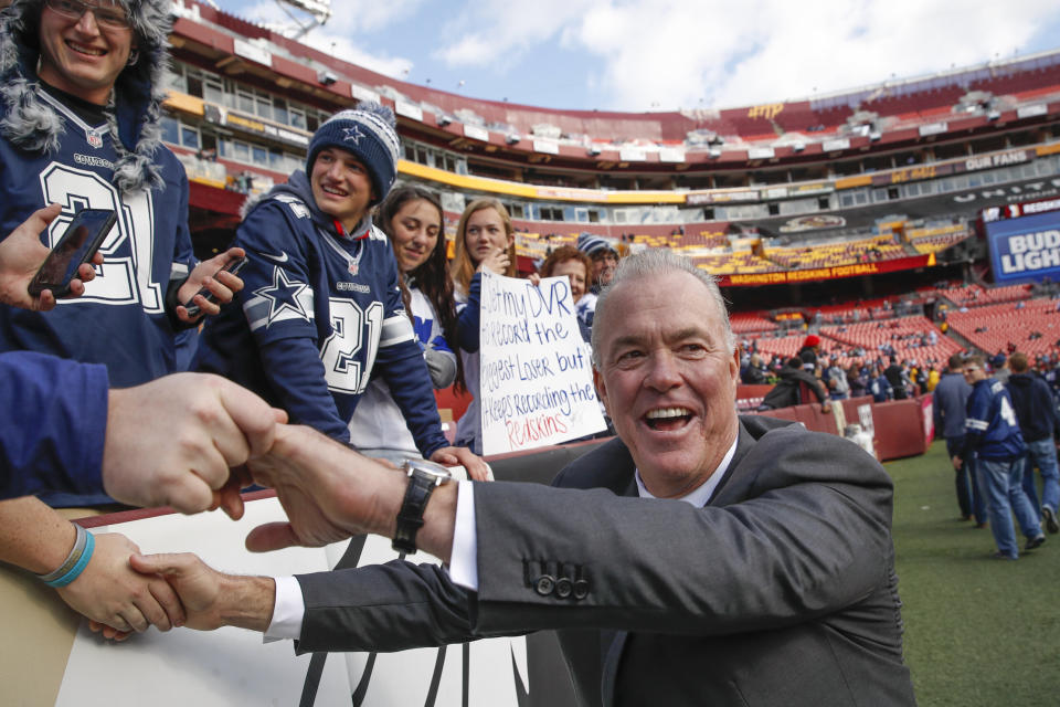 FILE - In this Oct. 21, 2018, file photo, Stephen Jones, Dallas Cowboys executive vice president of personnel, greets fans before an NFL football game against the Washington Redskins in Landover, Md. Even after the two biggest offseason moves for owner/general manager Jerry Jones and company, defensive line remains a high priority in the draft. “We think it’s probably the deepest position in this draft,” said executive vice president of personnel Stephen Jones, Jerry’s oldest son. “We think it’s deeper than it’s been in many years.”  (AP Photo/Alex Brandon, File)