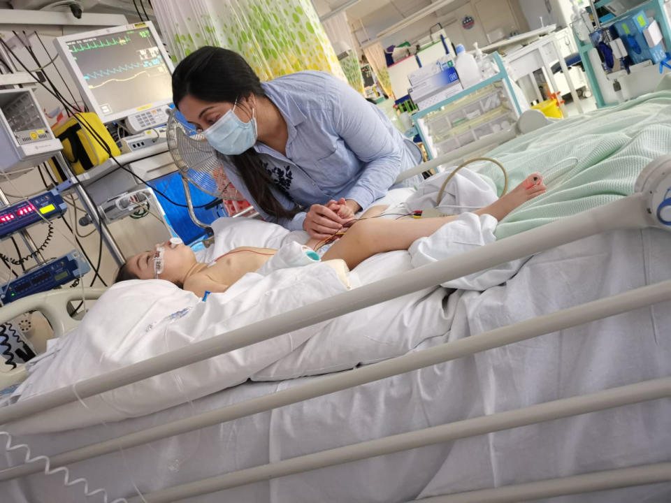 April 2021: Sophia in the ICU at Leicester Royal Infirmary where she was placed in a semi-induced coma to stop the involuntary movements.  (Image provided by the Chauhan family)
