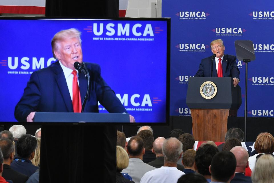 US President Donald Trump speaks on the United StatesMexicoCanada Agreement (USMCA) trade agreement at Derco Aerospace Inc. plant in Milwaukee, Wisconsin on July 12, 2019. (Photo by MANDEL NGAN / AFP)        (Photo credit should read MANDEL NGAN/AFP via Getty Images)