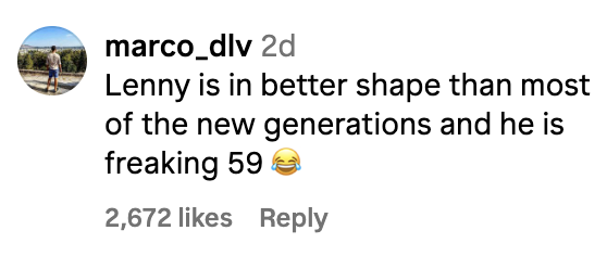 Comment praising Lenny's fitness at 59 as better than most of the new generations, with laughing emoji, liked 2,672 times