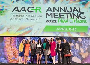 The Victoria’s Secret Global Fund for Women’s Cancers, in partnership with Pelotonia and the American Association for Cancer Research, presented the 2022 Meritorious Awards to five female cancer researchers. Pictured (l-r): Margaret Foti (AACR), Lisa A. Newman, Karen H. Lu, Becky Behringer (Victoria’s Secret), Alida Smith (Pelotonia), Susan M. Domchek, Joan S. Brugge, and Electra Paskett (OSUCCC – James). Not pictured: recipient Martine J. Piccart. Credit: AACR