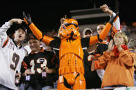 <p>Fans of the Cincinnati Bengals dressed in costume support their team during the game against the Denver Broncos on October 25, 2004 at Paul Brown Stadium in Cincinnati, Ohio. The Bengals defeated the Broncos 23-10. (Photo by Ronald Martinez/Getty Images) </p>