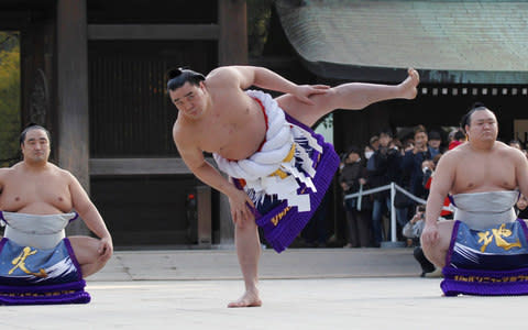 Mongolian-born grand sumo champion Harumafuji performs the New Year's ring-entering rite at the annual celebration for the New Year at Meiji Shrine - Credit: Reuters