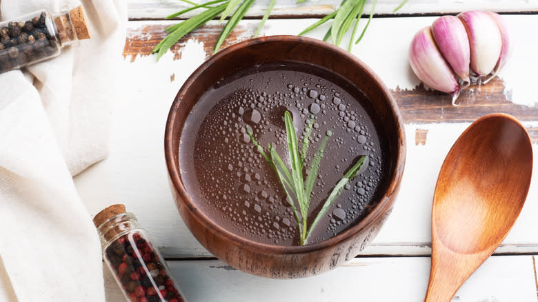 beef broth in bowl