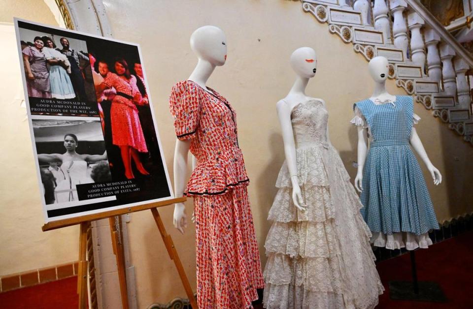 Former costumes worn by Audra McDonald are on display in the lobby before McDonald’s performance celebrating Good Company Players’ 50th anniversary, held at the Warnors Center for the Performing Arts Sunday, June 25, 2023 in downtown Fresno.