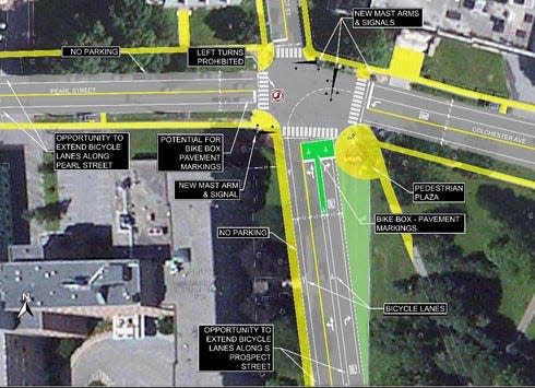 A mock-up of the intersection at Colchester Avenue and Prospect Street show the realignment of North and South Prospect Streets that will take place in the redesign. The streets are currently unaligned and the intersection has a high-crash rate.