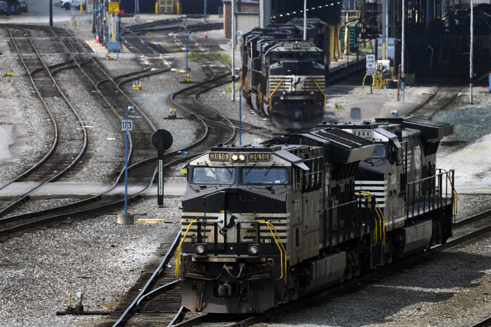 Norfolk Southern locomotives are moved in Norfolk Southern's Conway Terminal in Conway, Pa., Saturday, June 17, 2023. Spurred on by train derailments, some states with busy criss-crossing freight railroads are pursuing their own safety remedies rather than wait for federal action amid industry opposition and questions about whether they even have authority to make the changes. (AP Photo/Gene J. Puskar)