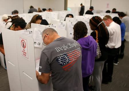 FILE PHOTO: A voter wears a shirt with words from the United States Constitution while casting his ballot early as long lines of voters vote at the San Diego County Elections Office in San Diego, California, U.S., November 7, 2016. REUTERS/Mike Blake