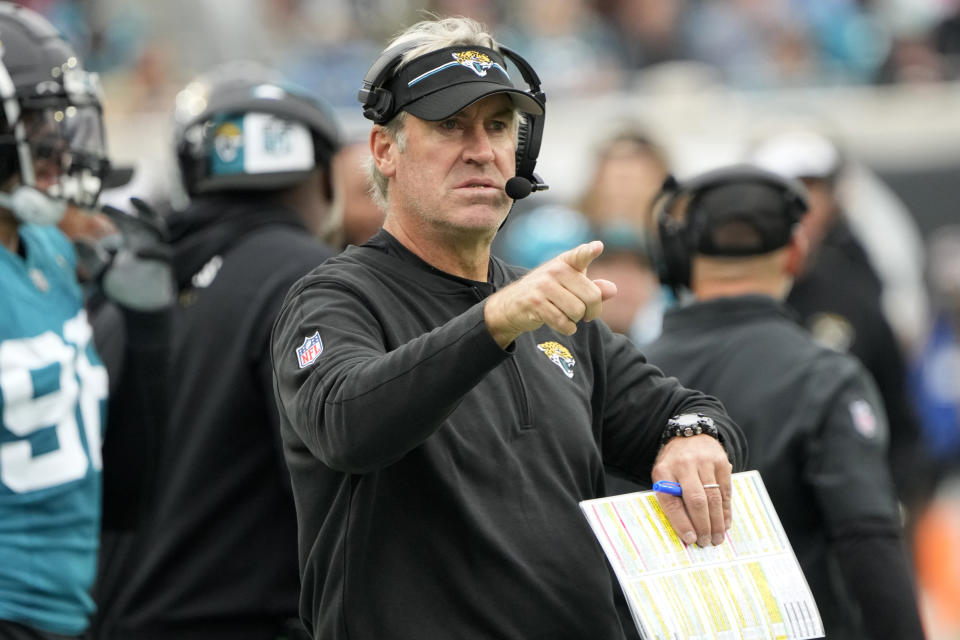 Jacksonville Jaguars head coach Doug Pederson watches from the sideline during the first half of an NFL football game against the San Francisco 49ers, Sunday, Nov. 12, 2023, in Jacksonville, Fla. (AP Photo/John Raoux)