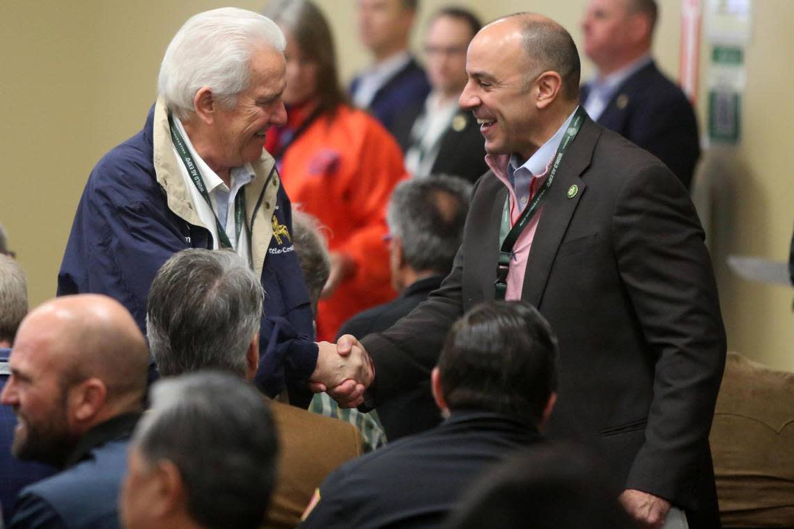 Valley Congressman Jim Costa, D-Fresno, left, with Congressman Jimmy Panetta, a Monterey County Democrat during the opening ceremonies at the World Ag Expo in Tulare on Tuesday, Feb. 14, 2023.