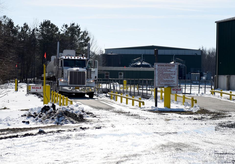 A truck is weighed before leaving Feb. 1, 2022, at the Bioenergy DevCo facility in Seaford, Delaware.