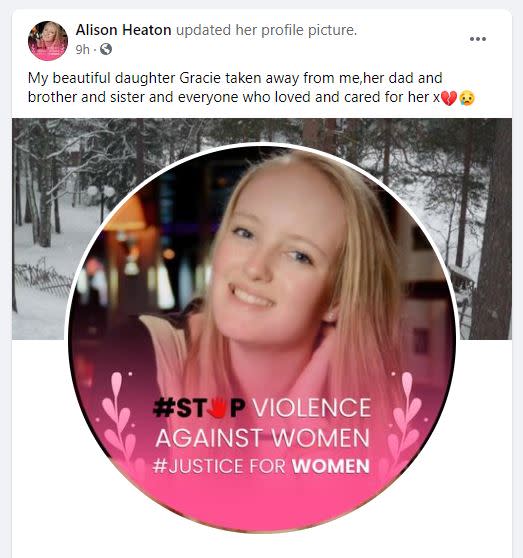 Alison Heaton added a 'stop violence against women' sticker to her Facebook profile picture of daughter Gracie (Alison Heaton/Facebook)