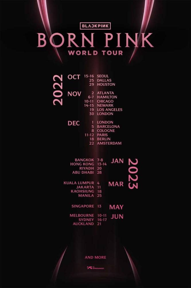 Official tour dates for the Blackpink's 'Born Pink' world tour. — Picture via blackpinkofficial.com