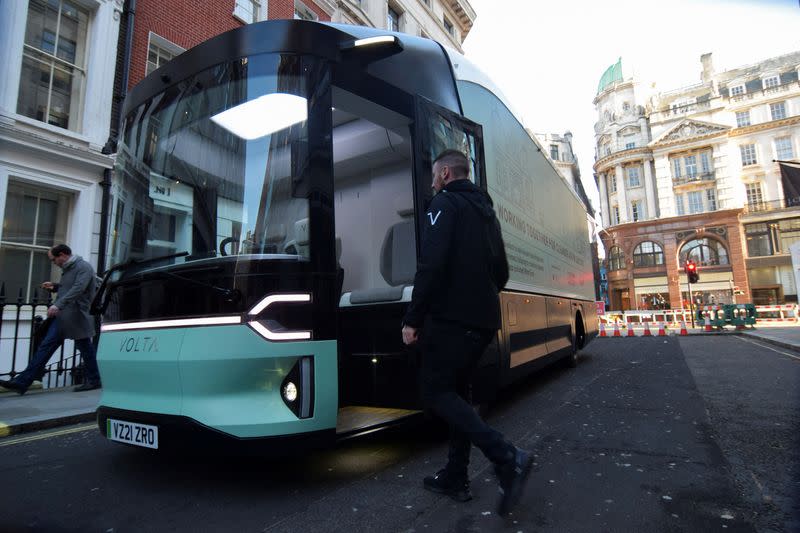 A prototype of the Volta Zero, a 16-tonne electric truck that Volta Trucks will start mass producing in late 2022, is displayed in central London