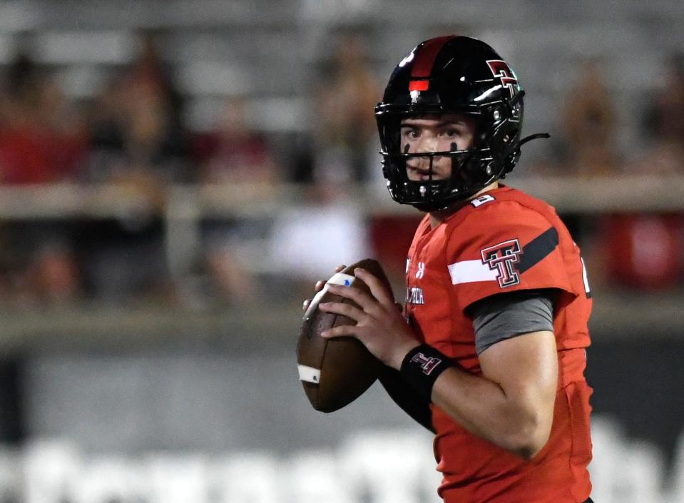 Texas Tech's quarterback Behren Morton (2) looks to pass the ball against Murray State last Saturday at Jones AT&T Stadium.