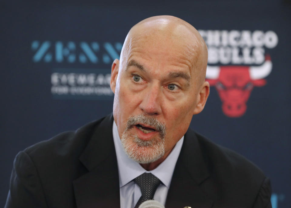 FILE - In this June 24, 2019, file photo, Chicago Bulls executive vice president of basketball operations John Paxson responds to a question about the team's two draft picks during a news conference in Chicago. The Bulls hired Denver Nuggets general manager Arturas Karnisovas to run their basketball operation, a person familiar with the situation said Thursday night, April 9, 2020. The person, who confirmed reports by several outlets, spoke on the condition of anonymity because the move has not been announced. Paxson was expected to move into an advisory role. (AP Photo/Charles Rex Arbogast, File)